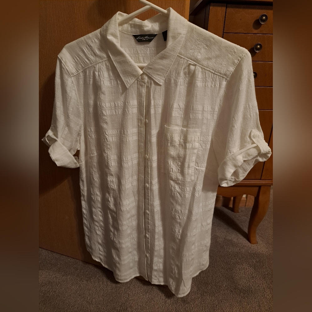 Eddie Bauer White rolled-sleeve Button- down Top - Size Womens L
